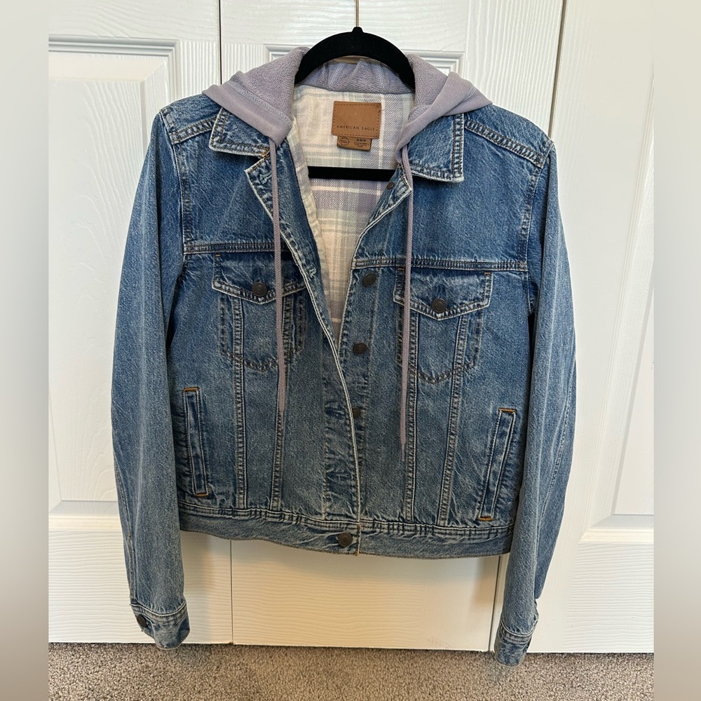American Eagle Denim Flannel Lined Jacket with Hood Size M Perfect Condition